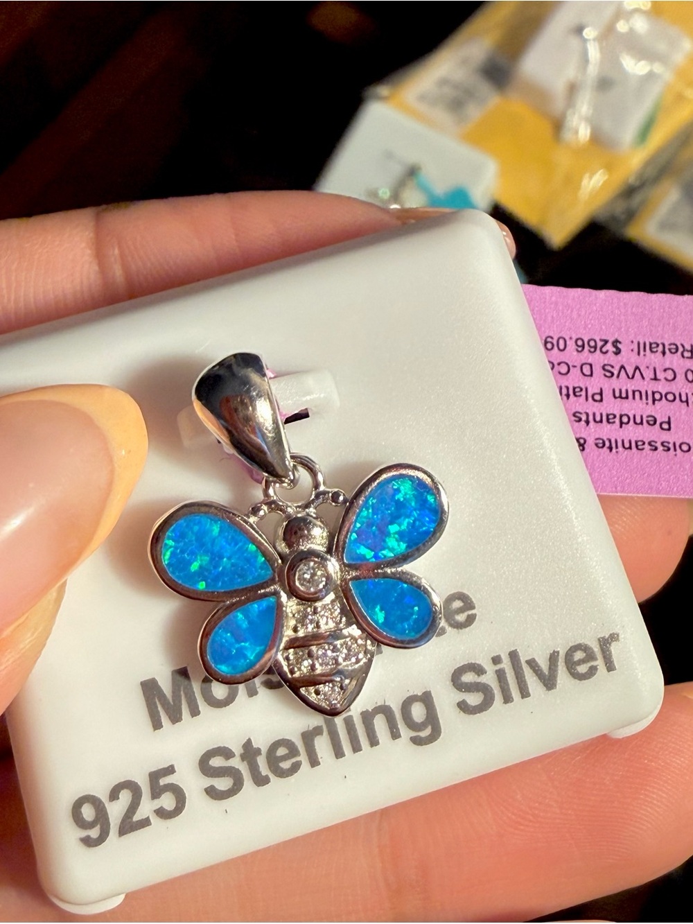 925 Sterling Silver Blue Opal Bee Pendant Necklace